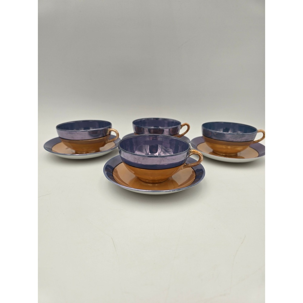Vintage Japanese Lusterware Tea Cup and Saucer Set of 4 blue Peach Iridescent